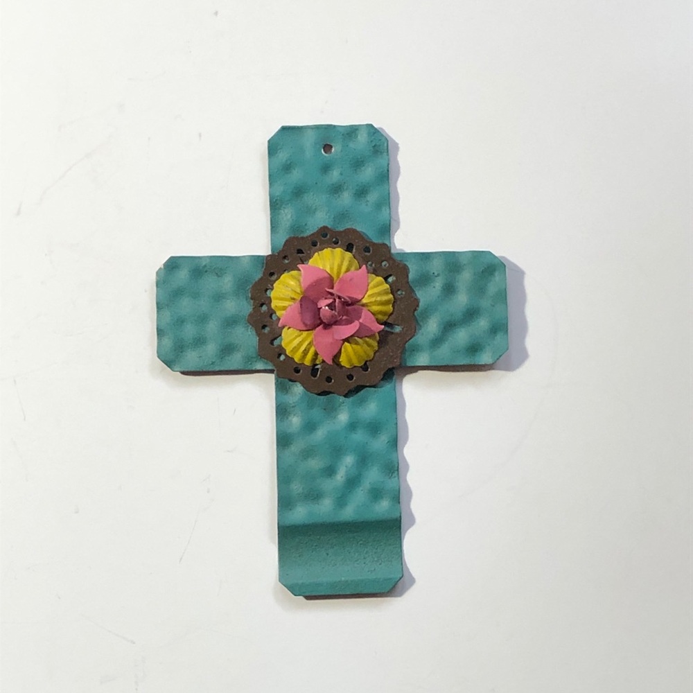Hammered Metal Cross with Flower, 6" - Southwestern/Folk Art Design